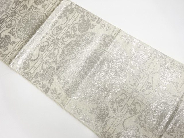 JAPANESE FUKURO OBI / PLATINUM FOIL / WOVEN FLOWER SHOKKO PATTERN